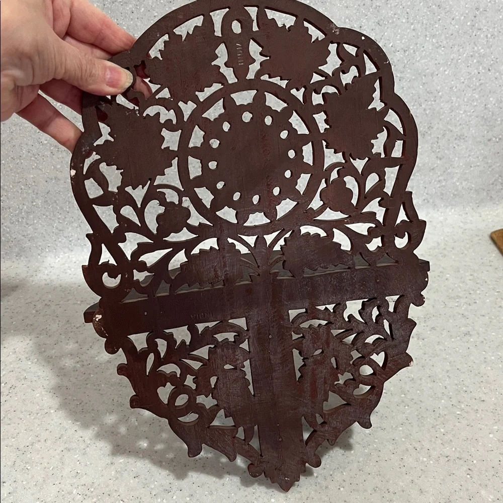 Vtg INDIA Hand Carved Wood Wooden Folding Shelf Intricate Leaf Design Leaves